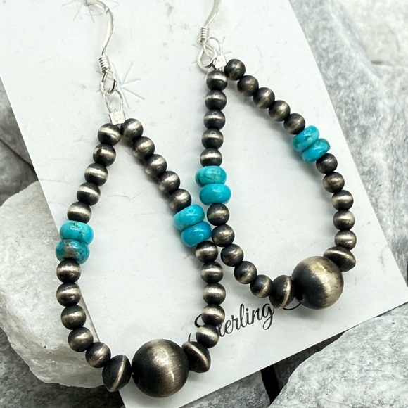 Sterling Silver Navajo Pearl Turquoise Dangle Earrings 2” Southwest Style - Picture 11 of 11